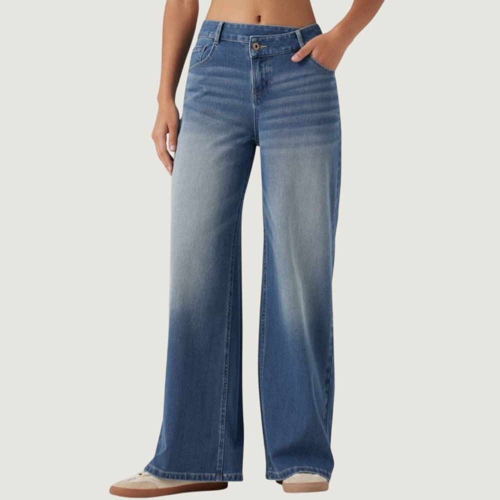 HALARA Flex™ Asymmetric Mid Rise Baggy Wide Leg Jeans, Small Petite,Soft Stretch